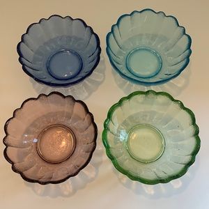 Four Vintage Colored Glass Scalloped Edged Berry Bowls